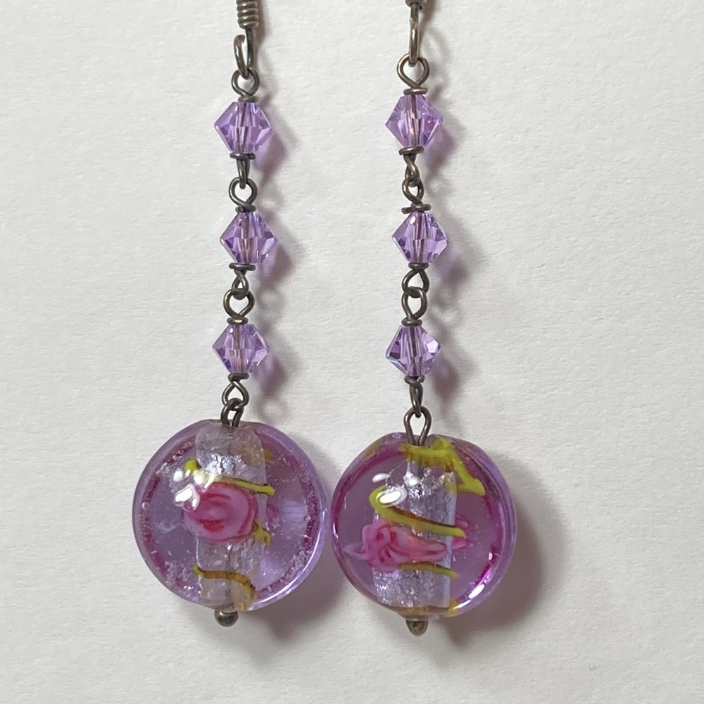 Light Purple Bead Drop Earrings Floral Flower